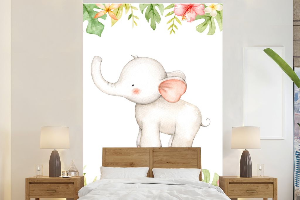 MuchoWow Fototapete für Wohnzimmer oder Schlafzimmer Wandtapete Vinyl Motivtapete Elefant - Blumen - Aquarell - 145x220 cm - Wanddekoration