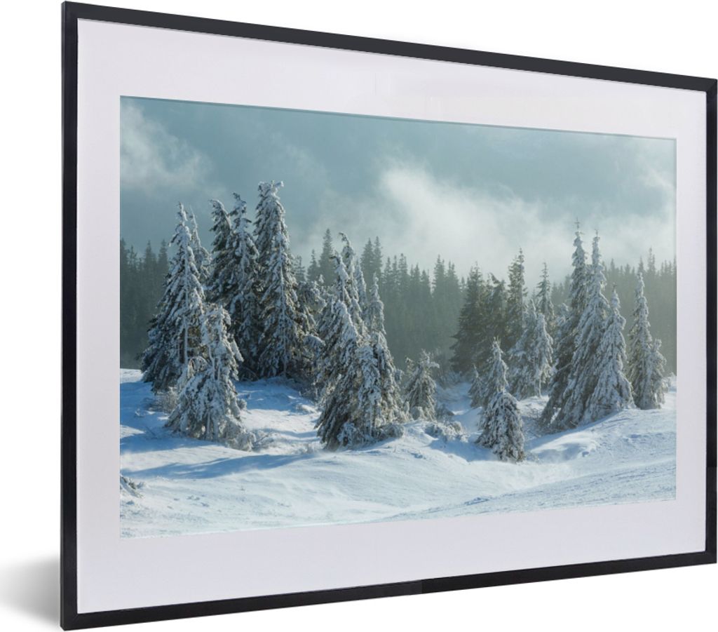 MuchoWow Gerahmtes Poster Wald - Schnee - Winter 40x30 cm - Poster mit Schwarzem Bilderrahmen Wandposter Rahmen Foto Bilder - Bilderrahmen - Post...