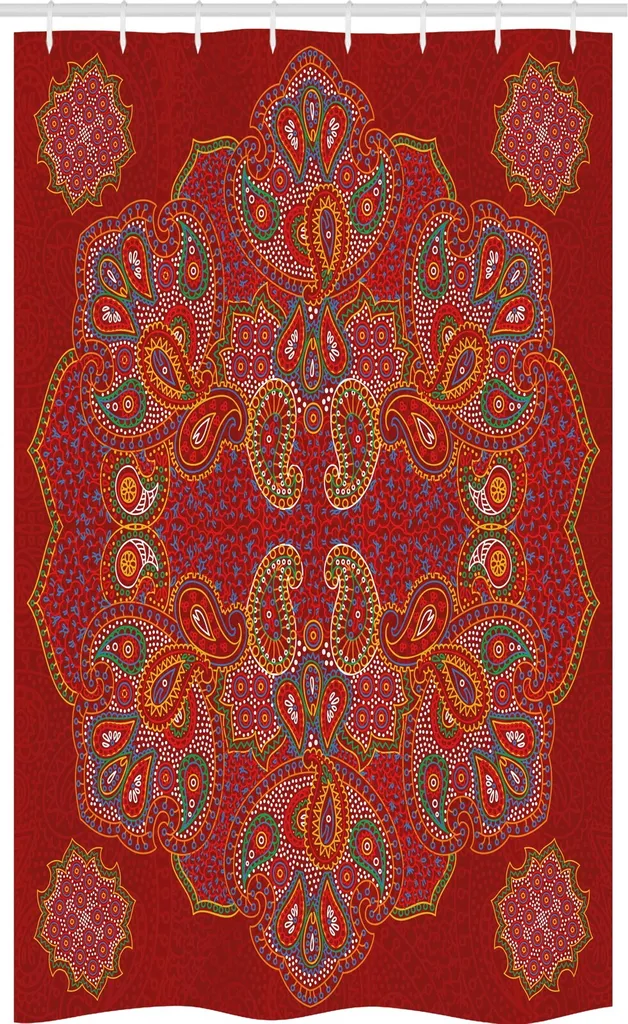 ABAKUHAUS Tenda da doccia stretta Mandala rosso, Paisley persiano, Set di decorazione per il bagno in tessuto con ganci, 120 x 180 cm, rosso bordeaux bianco