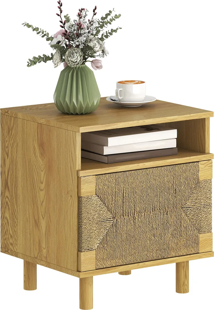 Table de chevet Boho chêne avec porte en cordelette papier 45x39x50 cm