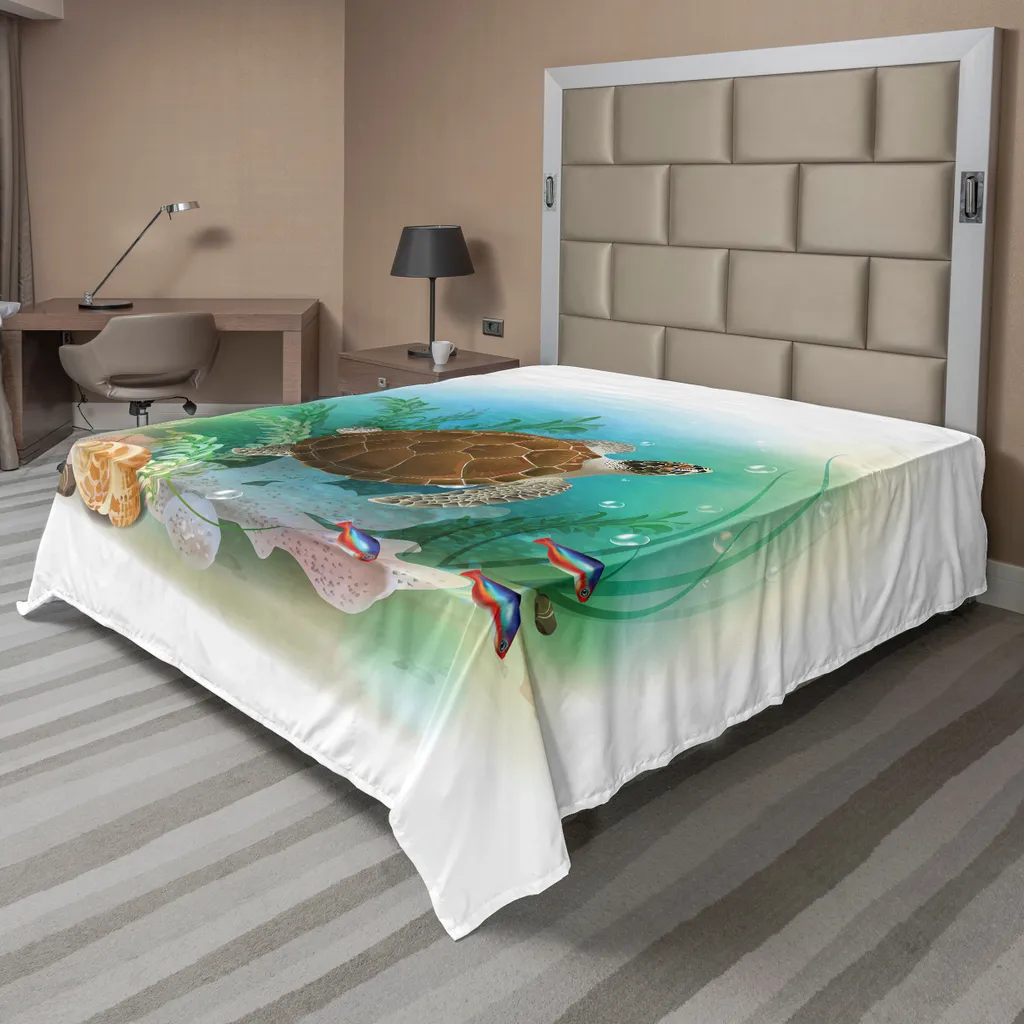 Drap plat décoratif Imprimé Tortue Marine pour Grand Lit Double 275x260