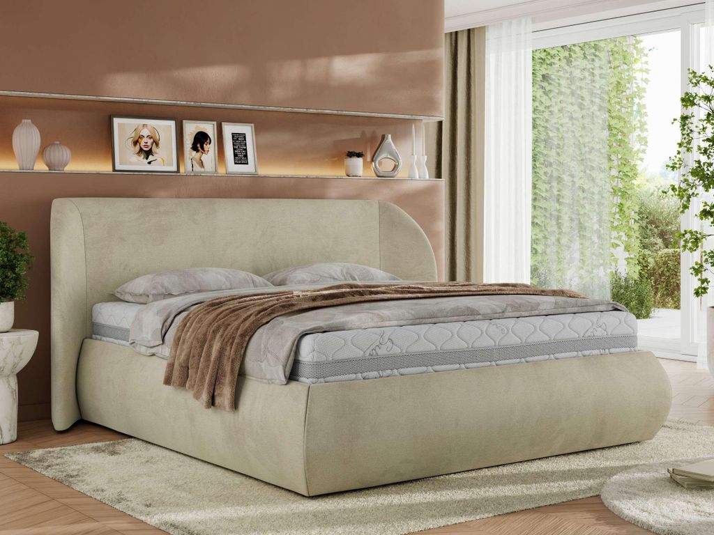 MKS MEBLE Polsterbett mit Bettkasten CAELA CLASSIC Bett mit Stauraum und Gasdruckfeder Doppelbett Multipocket Matratze ELORI LUX 180x200 Beige Velvet