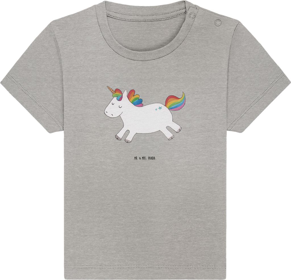 Mr. & Mrs. Panda Organic Baby Shirt Einhorn Happy 12. - 18. Monat - Heather Grey - Geschenk, Unicorn, Lebensfreude, Spaß, Oberteil, Kurzarmshirt, ...