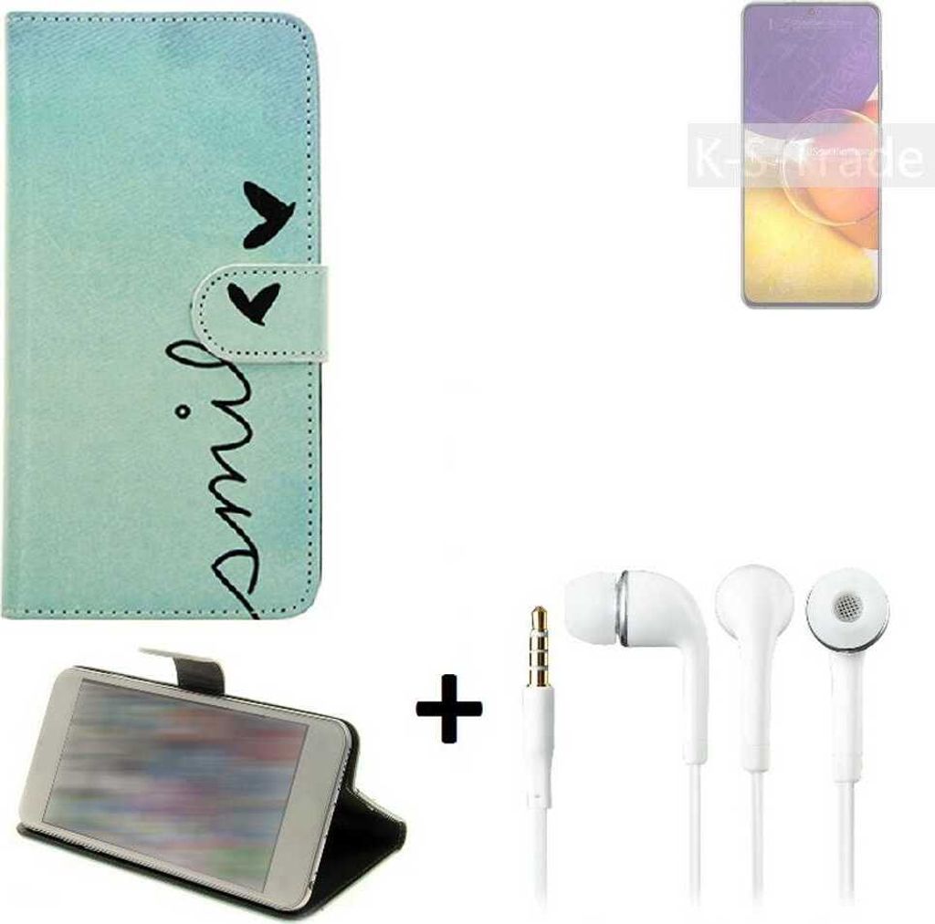 K-S-Trade Schutz Hülle Handy Hülle kompatibel mit Samsung Galaxy Quantum2 360° Wallet Case Schutz Hülle ''smile'' inkl. Ohrstöpsel Smartphone