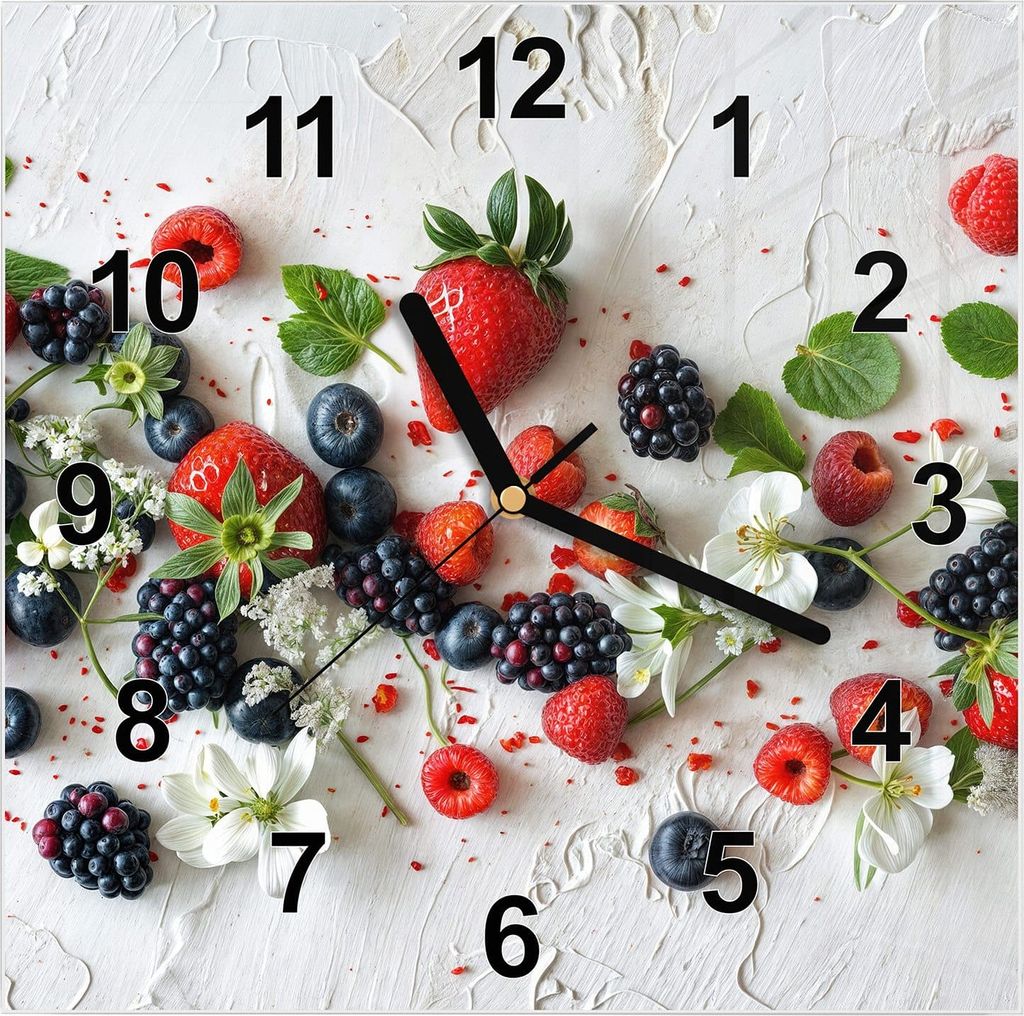 Wanduhr aus Glas mit Motiv Bunte Beeren- 30 x 30 cm - inkl. Aufhängesystem