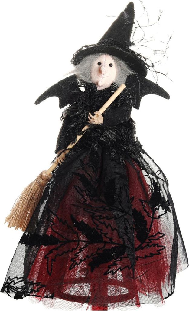 Halloween-Hexenpuppe mit Besen, kleine Hexenfigur mit Gazerock, gruseliger Tischaufsatz für Zuhause, Schlafzimmer, Schreibtischdekoration