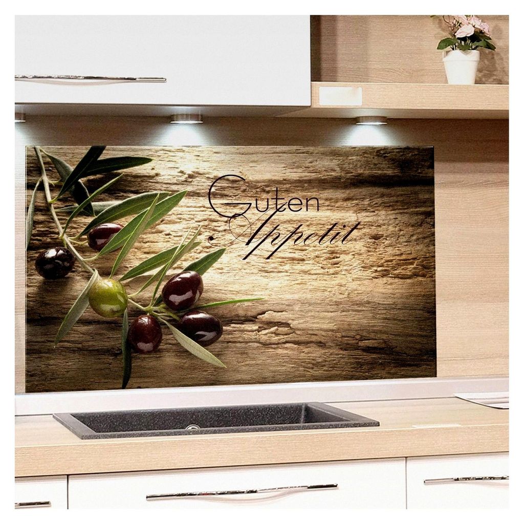 Spritzschutz aus Glas für die Küche, Herd Bild-Motiv Olivenzweig mit Schrift, Küchenrückwand, Küchenspiegel, Herdblende, 4mm ESG Glas (80x50cm)