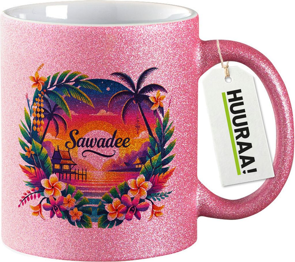 Huuraa Glitzer Kaffeebecher Sawadee thailändische Begrüßung Geschenk 330ml Pink Sawadee Mitbringsel
