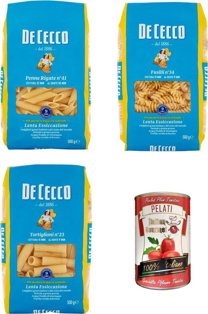 TESTPAKET De Cecco Pasta 1x Penne Rigate n°41 1x Fusilli n°34 1x Tortiglioni n°23 ( 3 x 500g ) + 1x Italian Gourmet 100% italienische geschälte...