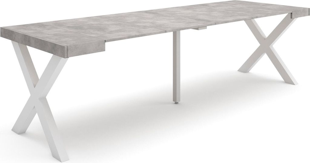 Ausziehbarertisch, 262x90x73cm, Für 12 Gäste, Massivholz Beine, Zementgrau