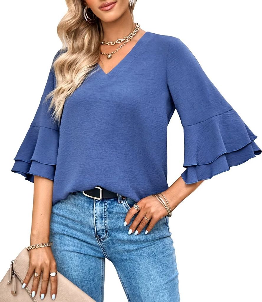 ASKSA Damen Bluse Rueschenaermel V-Ausschnitt Blusen Tunika Tops, Blau, M