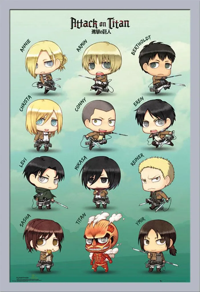 Attack on Titan - Poster - Personaggi Chibi + cornice rimovibile, Shinsuke® Maxi MDF argento, disco acrilico
