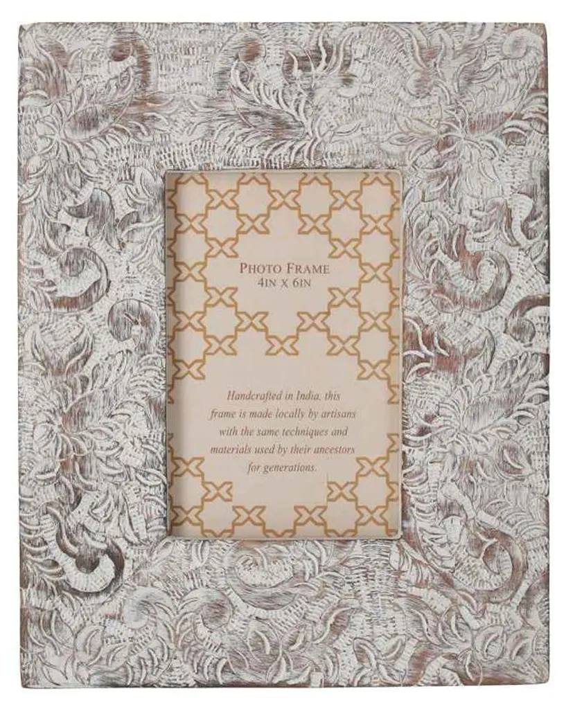 Cadre Photo Artisanal Blanc avec Gravures Feuilles en Relief Chic