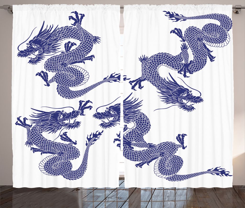 ABAKUHAUS Blau Rustikaler Vorhang, Japanische Drachen Mythische, Wohnzimmer Universalband Gardinen mit Schlaufen und Haken, 280 x 175 cm, Blau
