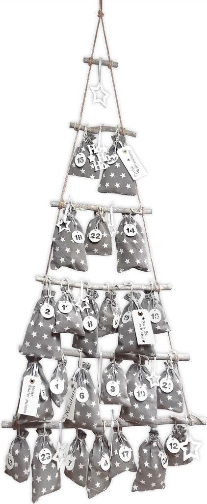 Frau WUNDERVoll DIY Adventskalender Weihnachtsbaum grau, weiße Sterne, Ziffern weiß Höhe ca 110 cm / Holz Leiterbaum Adventskalender Weihnacht...