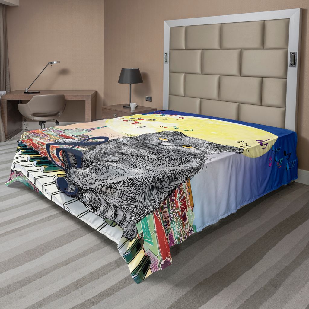 ABAKUHAUS Stadt Bettlaken, Musikalische Anmerkungs-Katze mit der Tastatur auf Dachspitzen im Nachthimmel-altem Stadt-Vollmond-Kunstdruck, weiches b...