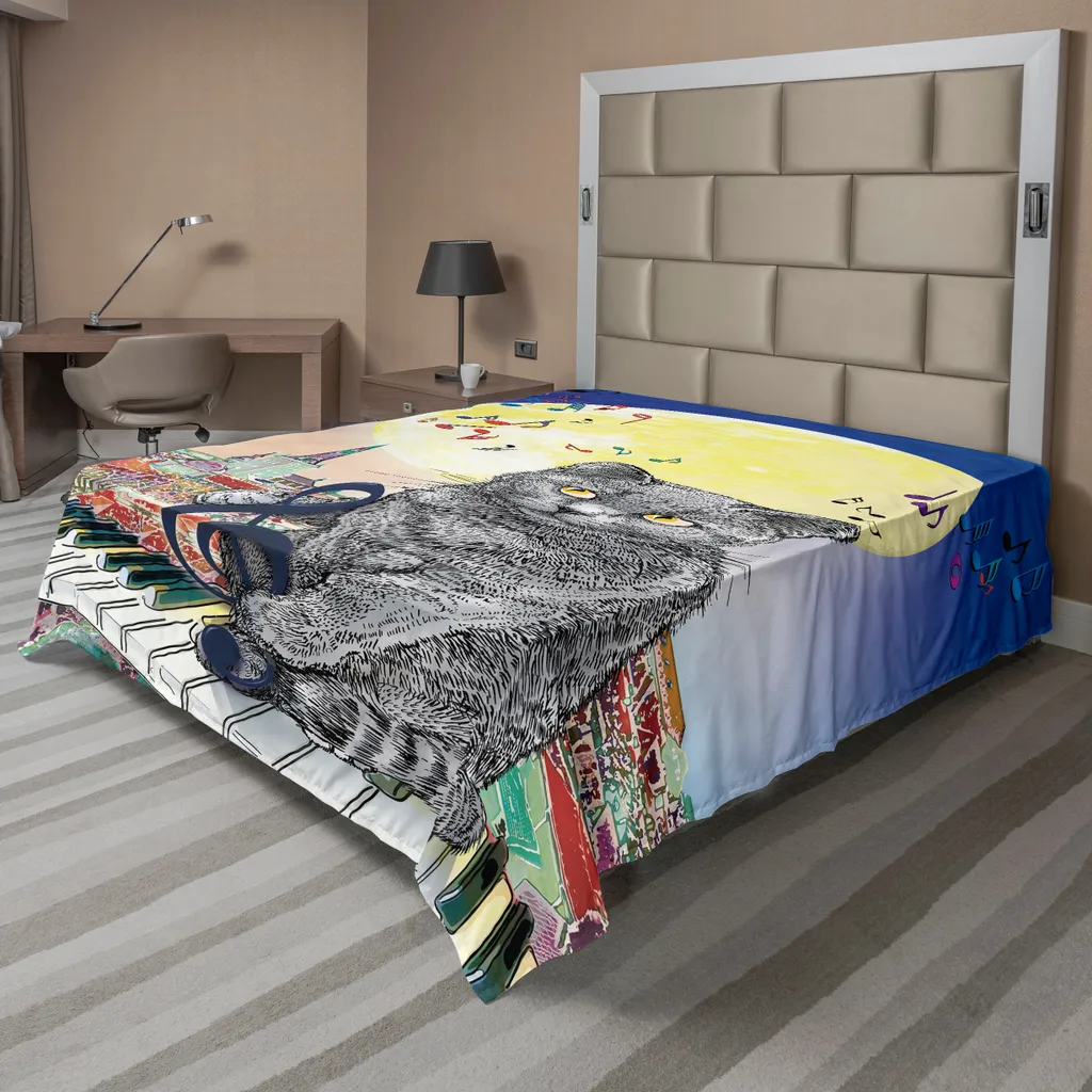 Drap de dessus pour lit XL motif Chat et Musique ambiance nocturne