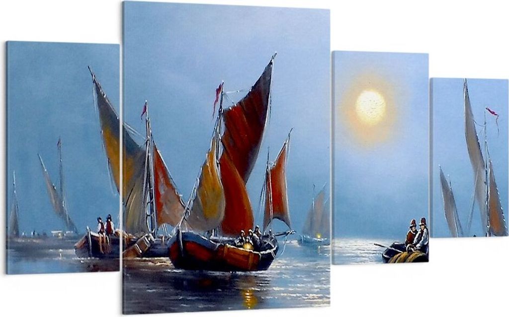 Bild auf Leinwand - Leinwandbild - Boote Sonne Fischer Angeln - 160x90cm - Wand Bild - Wanddeko - Leinwanddruck - Bilder - Kunstdruck - Wanddekorat...