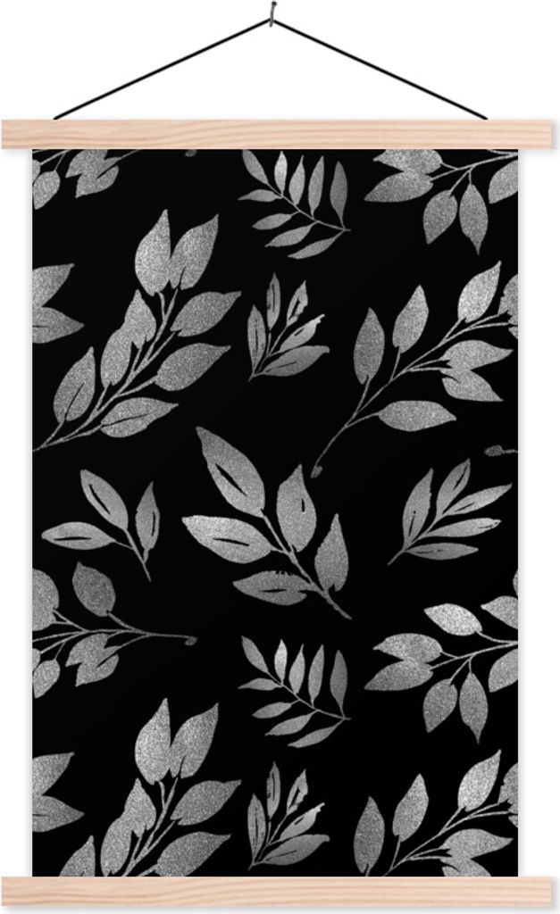 MuchoWow Textilposter Muster von Zweigen mit Blättern auf schwarzem Hintergrund - schwarz und weiß 120x180 cm mit holzfarbenen Rahmen - Textil-...