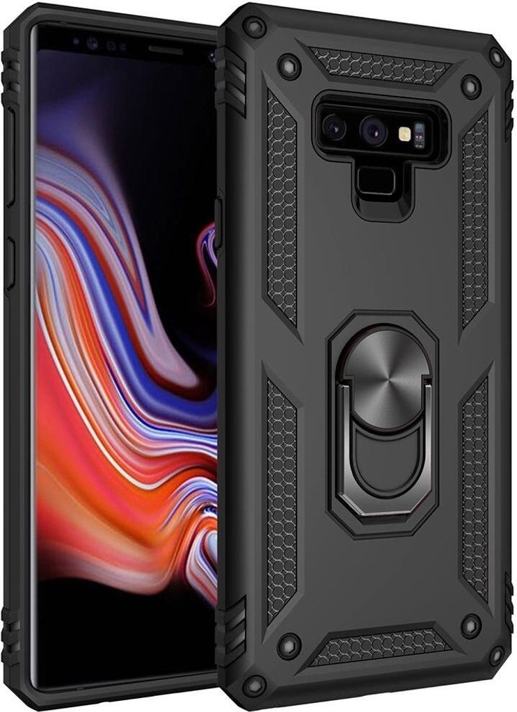A black phone case with a ring holder is shown diagonally against a black background.