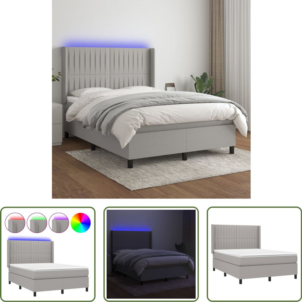 The Living Store Boxspringbett mit Matratze & LED Hellgrau 140x200 cm Stoff