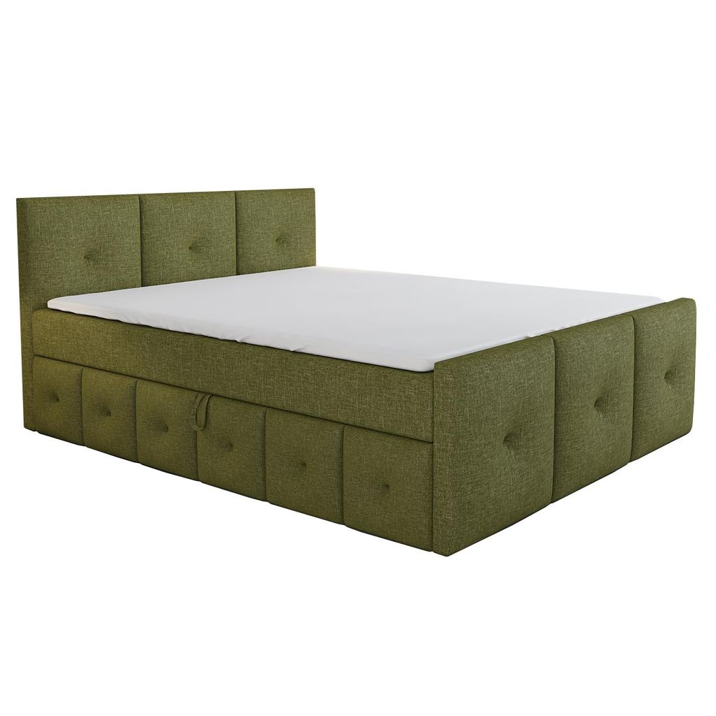 Boxspringbett BOE 160x200 mit Bettkasten, Topper und gepolstertem Kopfteil. Farbe: Grün