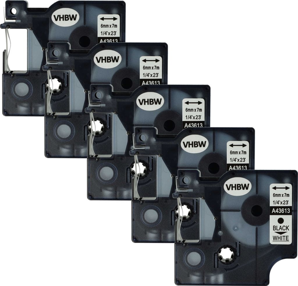vhbw 5x Schriftband-Kassette kompatibel mit Dymo LabelManager 210D, 200, 220P, 260P, 150, 100 Plus, 160 Etiketten-Drucker 7m x 6mm Schwarz auf Weiß