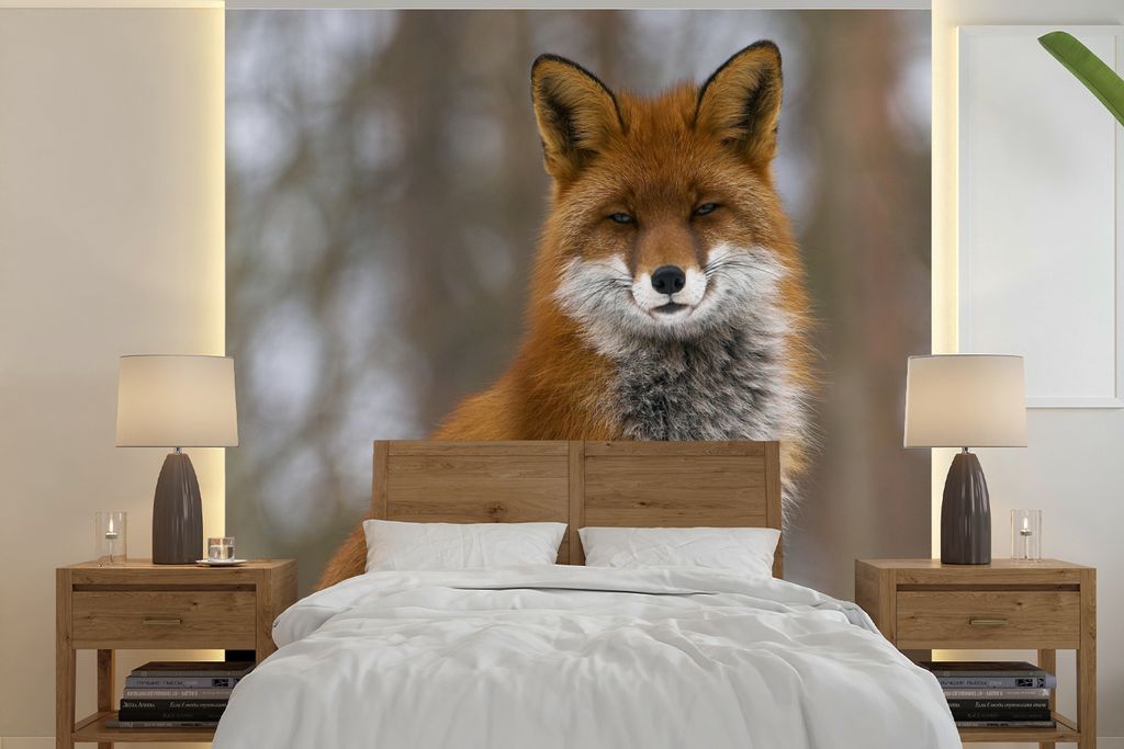 MuchoWow Fototapete für Wohnzimmer oder Schlafzimmer Wandtapete Vinyl Motivtapete Fuchs - Wald - Rot - 240x240 cm - Schlafzimmer-Tapete