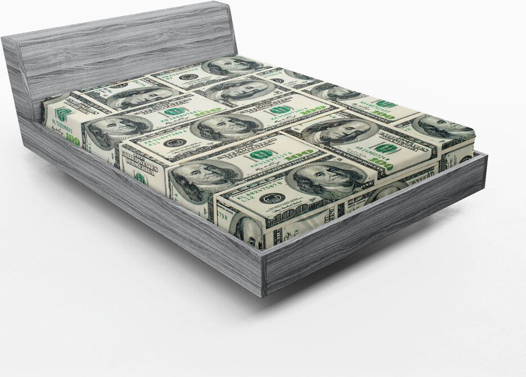 ABAKUHAUS Geld Spannbetttuch, Dollarnoten der Federal Reserve der Vereinigten Staaten mit dem Porträt von Ben Franklin, 90 x 190 cm, Hellgrün Grau