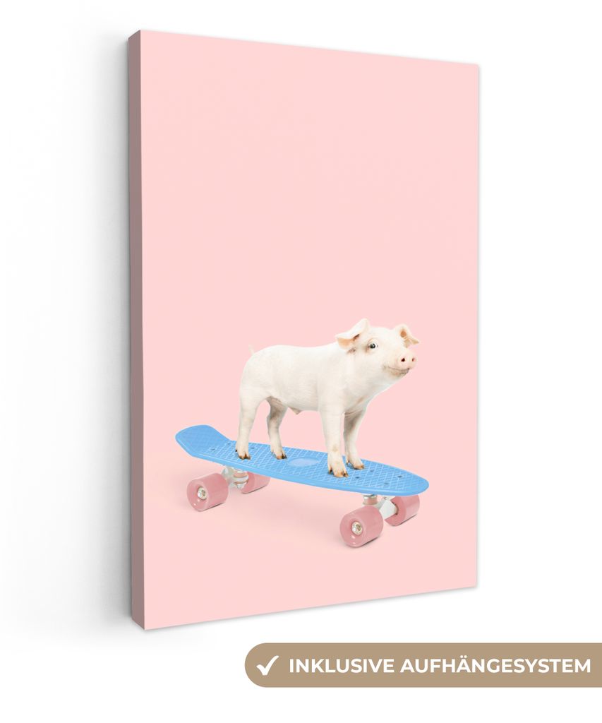 OneMillionCanvasses - Leinwandbilder - 90x140 cm, Schwein - Rosa - Skateboard - Blau - Tiere, Wandbilder Kunstdruck Wanddekoration - Foto auf Lei...