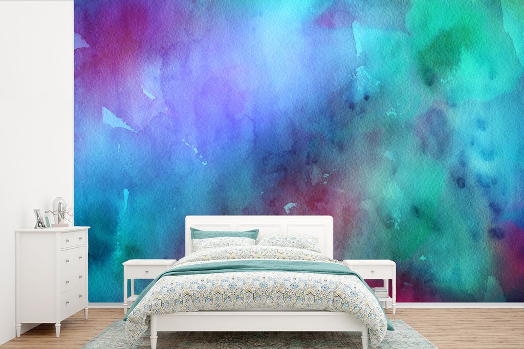 MuchoWow Fototapete für Wohnzimmer oder Schlafzimmer Wandtapete Vinyl Motivtapete Aquarell - Grün - Rot - Blau - 600x400 cm - Vinyltapeten