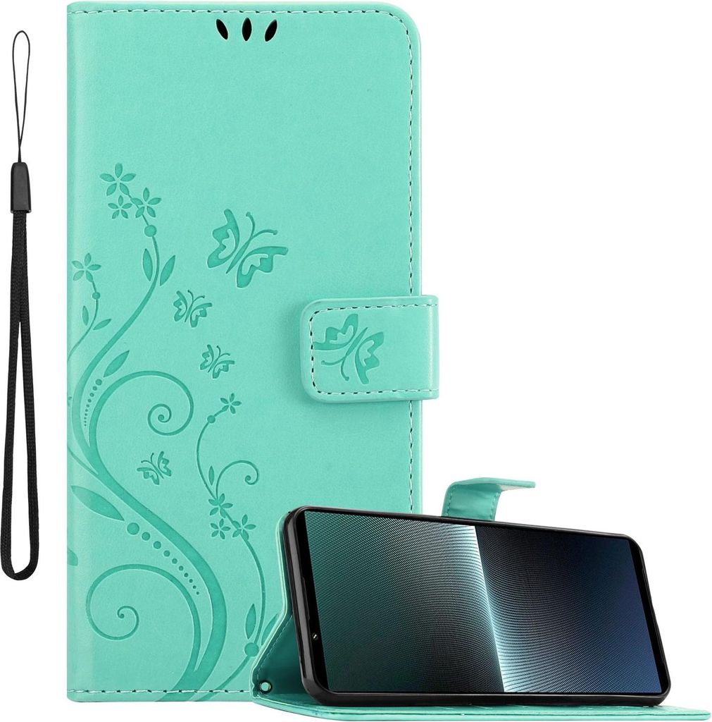 Cadorabo Hülle für Sony Xperia 1 V Hülle in FLORAL TÜRKIS Schutzhülle im Blumen Design mit Magnetverschluss, Standfunktion und Kartenfächern ...