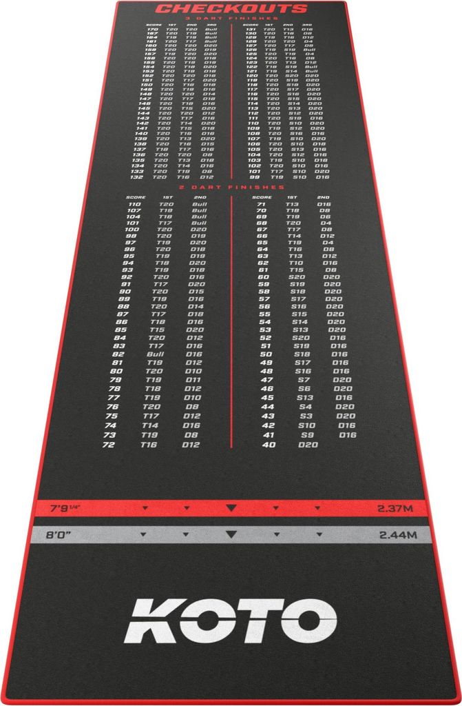 KOTO - Dartteppich Carpet Checkout Rot, 285x80cm Dartmatte, Schutz Bodens & Dartpfeile, Mit Score-Indikation + Oche