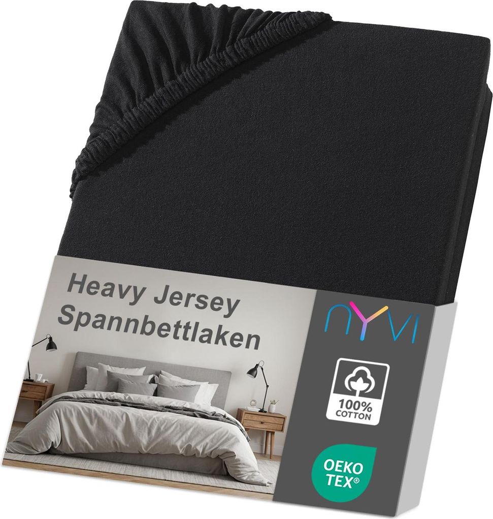 NYVI Spannbettlaken DreamScience Heavy Jersey 140x200 - 160x200 cm schwarz für Topper bis 10 cm Höhe - Spannbetttuch, Formstabil, 160g/m², Rundu...