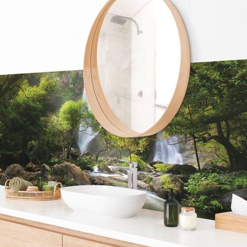 Wandverkleidung Bad Natur selbstklebend - 0.35 mm Wandpaneel matt wasserfest Wasserfall grün Motiv Badrückwand fugenlos 210x60 cm