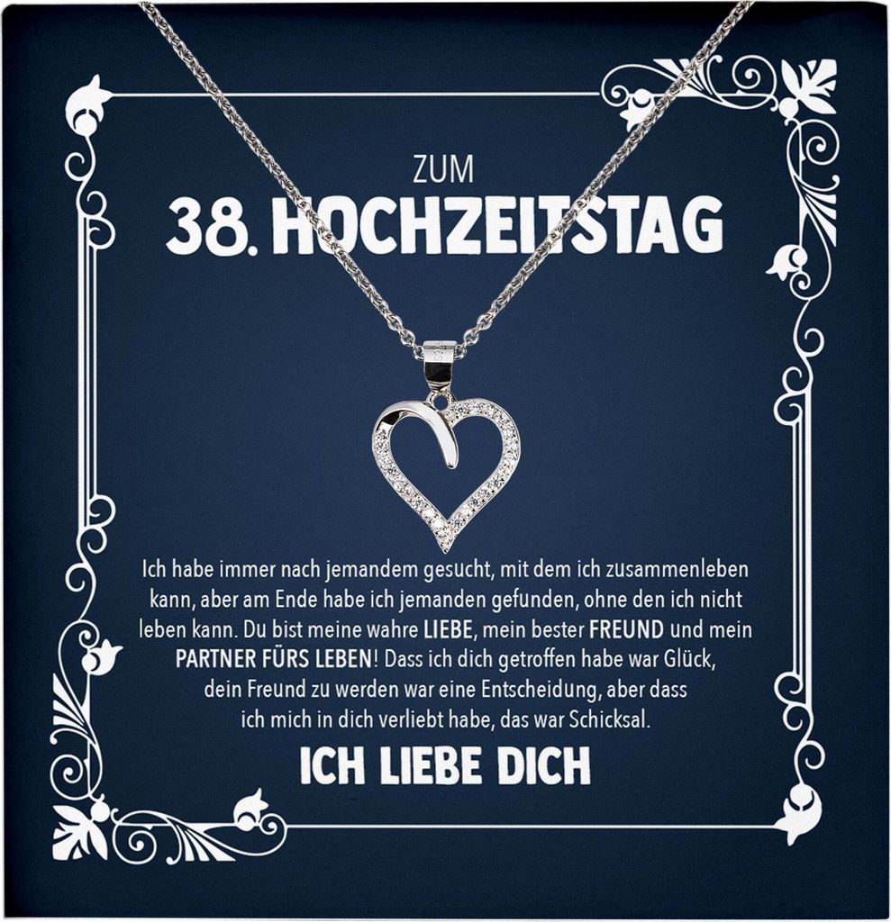 22Feels Ehefrau 38. Hochzeitstag Geschenk Ich Liebe Dich Frauen Herz Halskette Damen Collier mit 23 Zirkonia Steinen (Damen Silber 925/000 Schmuck)