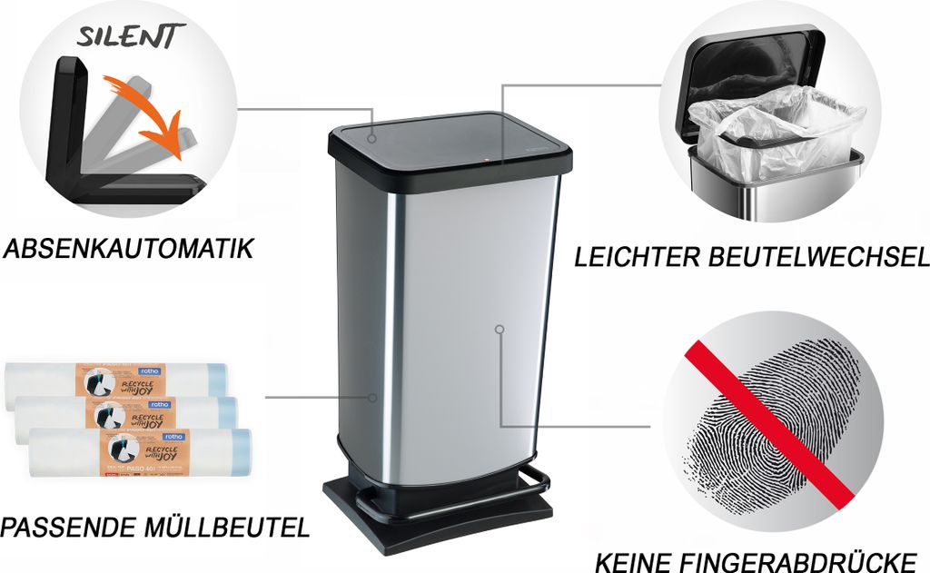 Rotho Abfalleimer 40 L Paso - Treteimer Geruchsdicht - Produktbild 2