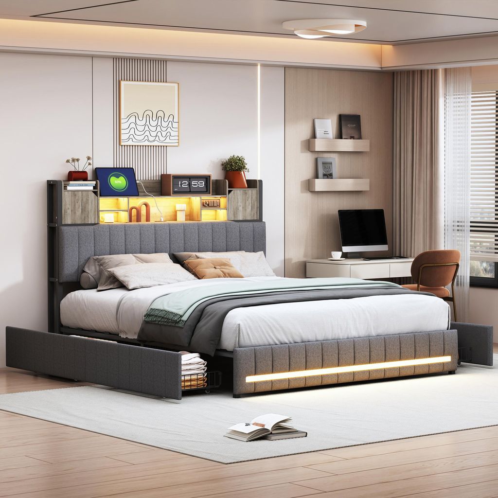 Bett (140 x 200 cm) mit LED- und USB-Kopfteil, 4 Schubladen, Lattenrost, Leinenbezug, Grau