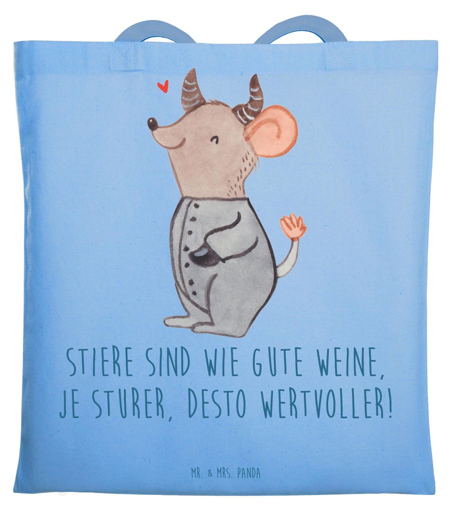 Mr. & Mrs. Panda Schultasche Sturer Stier - Sky Blue - Geschenk, Stiersternzeichen, Geduld, Jutebeutel, Geschenke Sternzeichen, Tote Bag, Shopping ...
