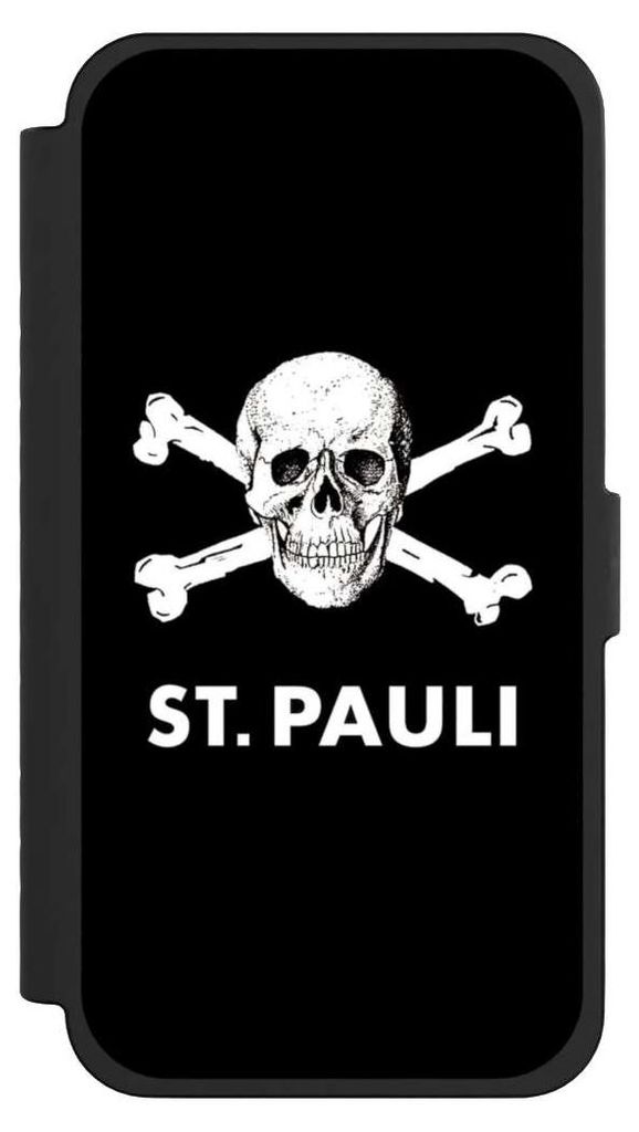 NIVOCASE Klapphülle für Apple iPhone 15 Pro Max Handyhülle aus Kunst Leder NIVOflip schwarz FC St. Pauli Offizielles Lizenzprodukt Totenkopf
