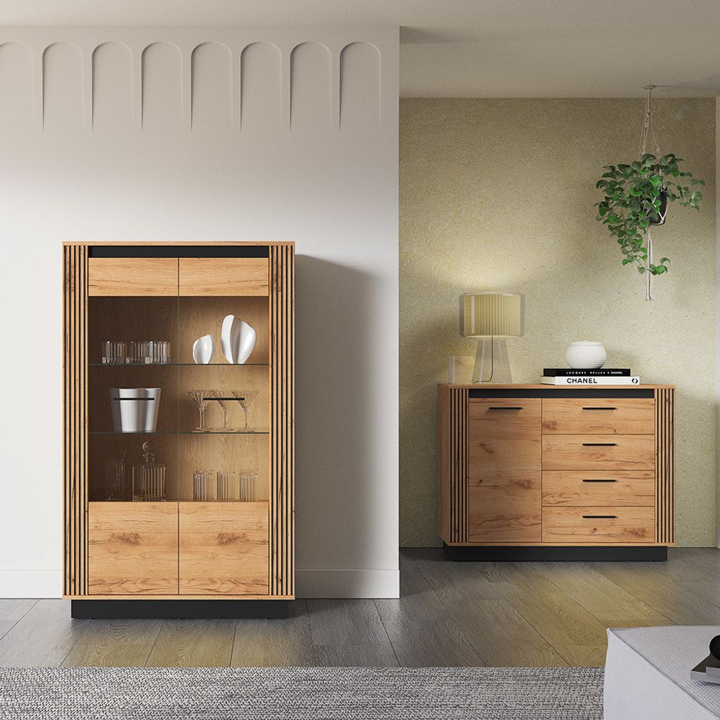 Wohnzimmermöbel Set 2-teilig modern in Eiche mit schwarz URBANIA-131