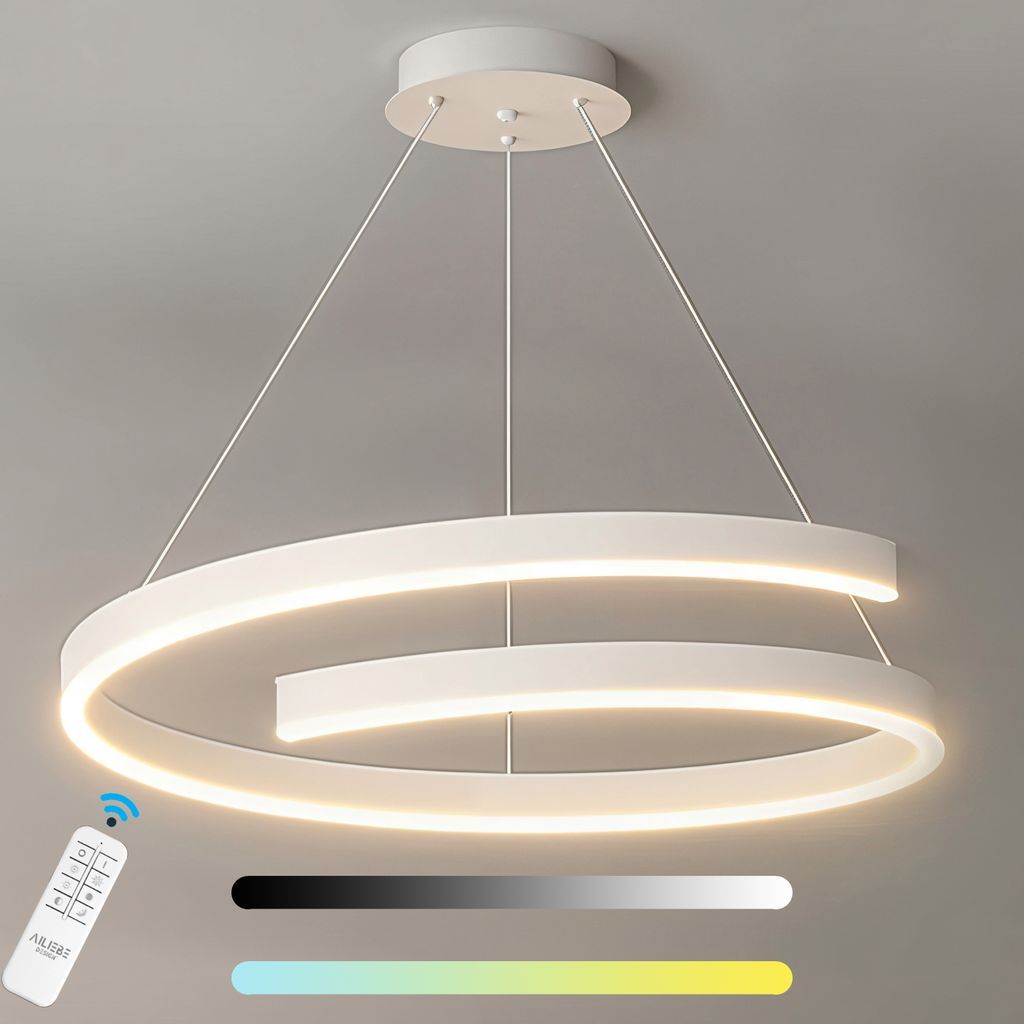 A modern white LED pendant light with a spiral design, suspended from the ceiling.