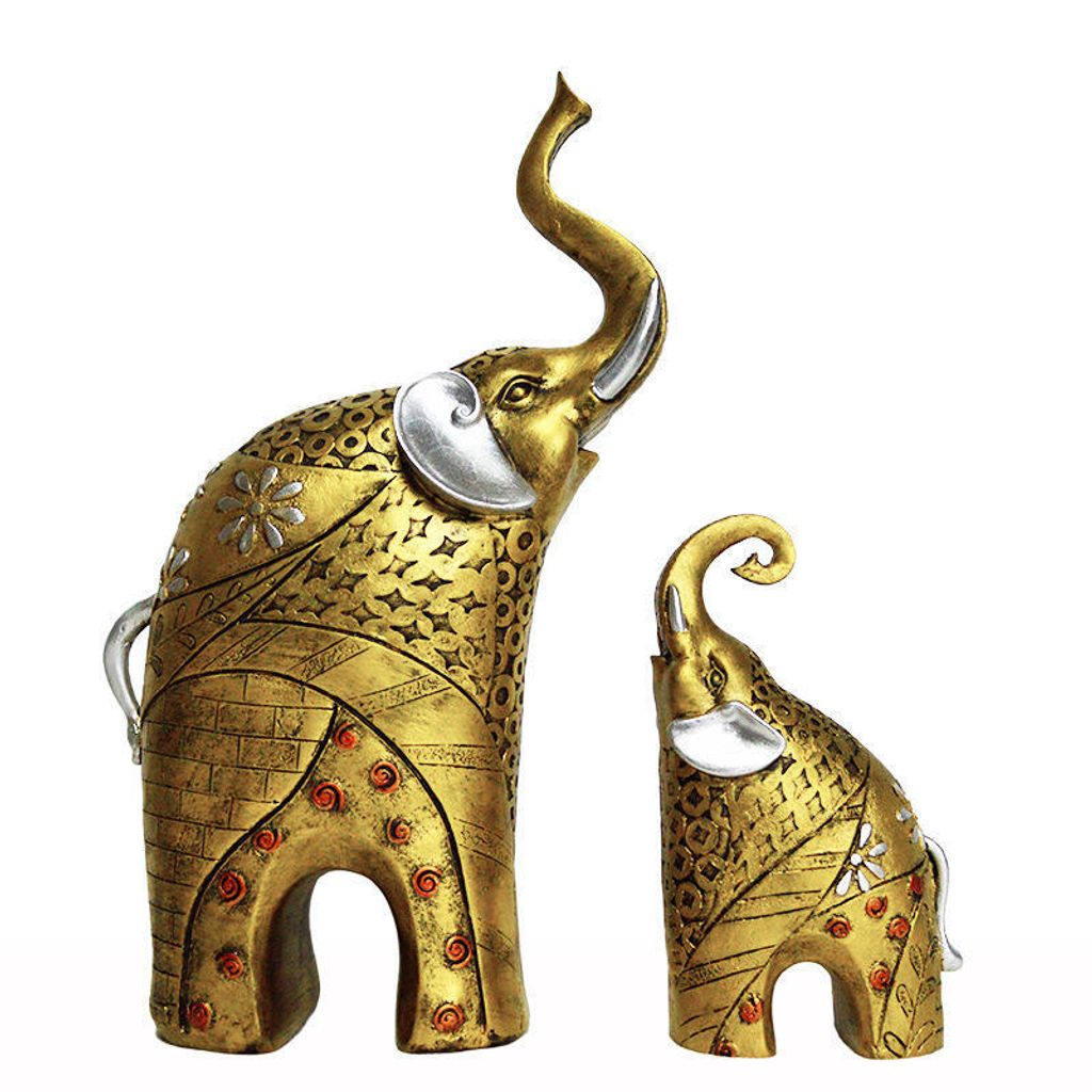 2 Pack Elefantenstatue Harz Feng Shui Goldene Skulptur Reichtum Glück Elefantenstatue Baumstamm Up für Home Office Decor Home Décor