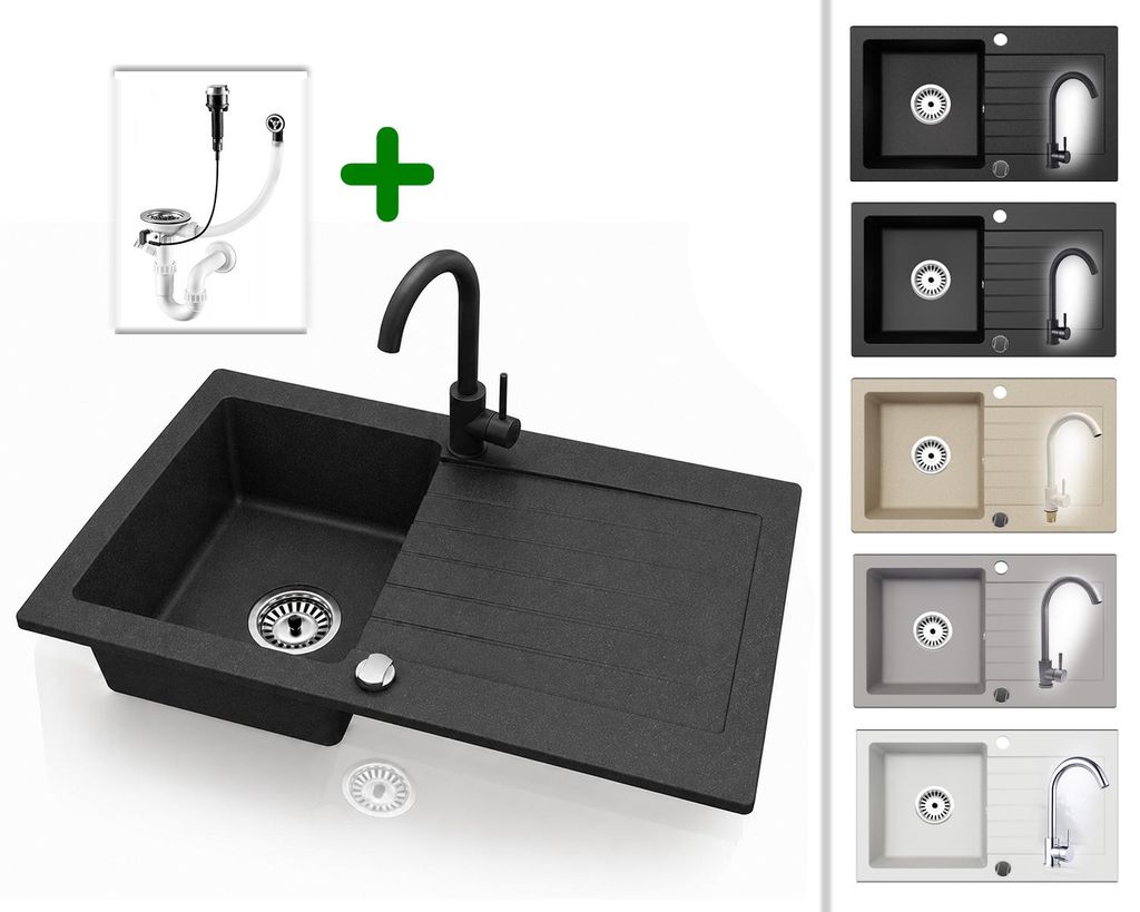 Granitspüle 76x44 cm mit Armatur Schwarz Gesprenkelt – Produktbild 