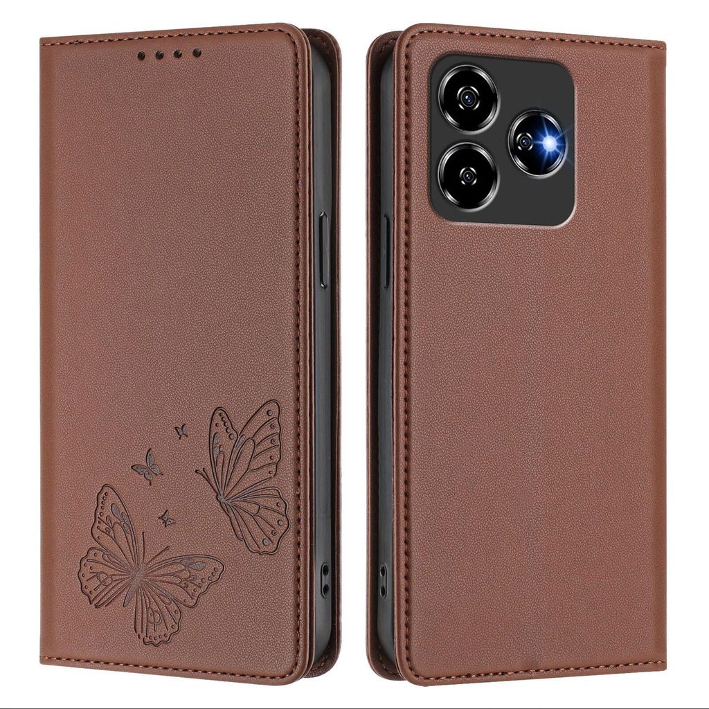 Lederhülle für ZTE Axon 60/Blade V60/nubia V60, Schmetterling Prägung Leder Brieftasche Schutzhülle mit Ständer Braun