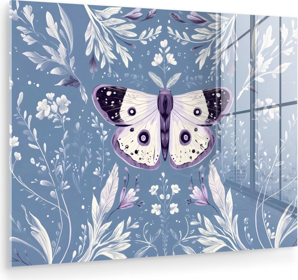 MuchoWow Glasbilder - Bilder auf Wandbild - Foto auf Glas Schmetterling - Blütenzweige - Hellblau 40x30 cm Wanddekoration aus Glas - Acrylglasbild...