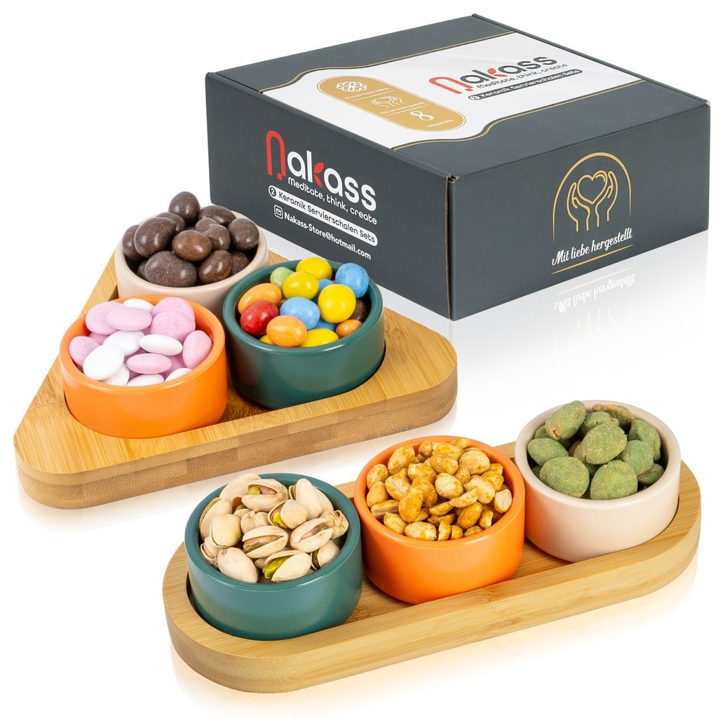 Nakass 6x Snackschalen Servierschalen 2x Sets aus Keramik - Dessertschalen , mit 2x Bambus Holztabletts Süßigkeiten Schale für Küche Esstischdeko