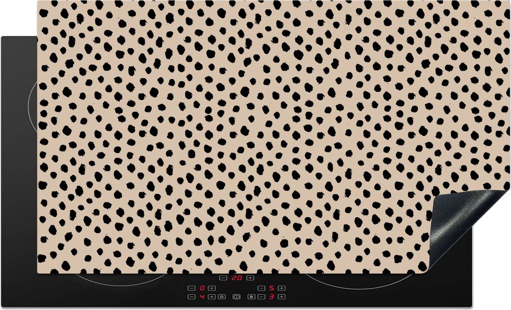 KitchenYeah Herdabdeckplatte Beige - Tupfen - Muster - Schwarz , 90x52cm, Küche Deko, Glaskeramikfeld Herdabdeckung, Abdeckplatte fùr Kochfeld