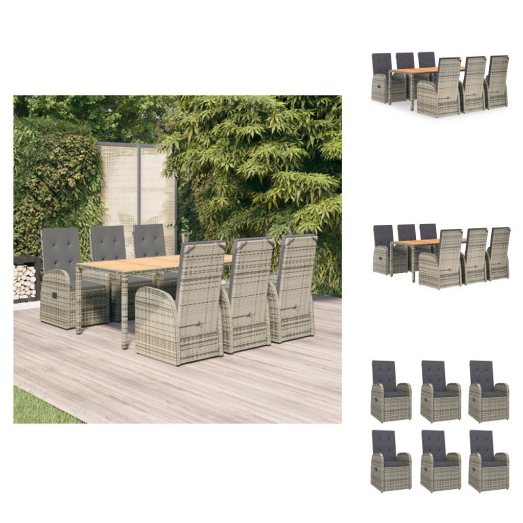 vidaXL 7-tlg. Garten-Essgruppe mit Kissen Grau Poly Rattan - Gartenstühle