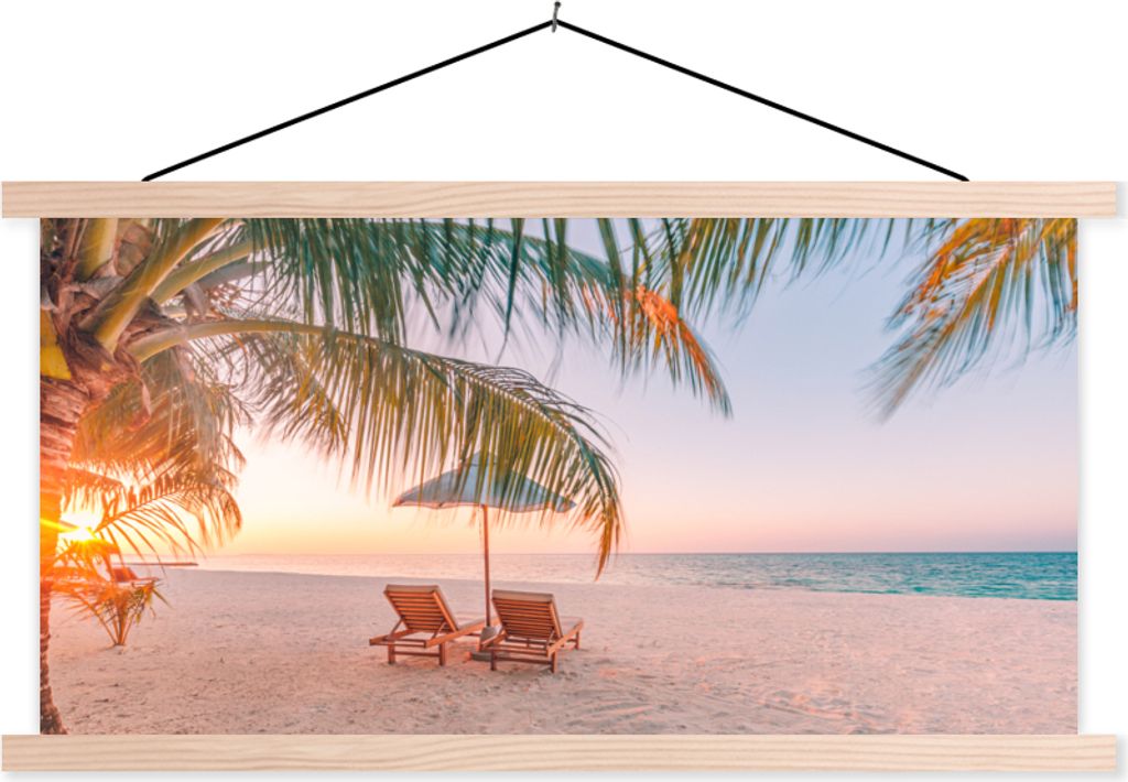 MuchoWow Textilposter Strand - Palmen - Sonnenschirm 60x30 cm mit holzfarbenen Rahmen - Dekoration
